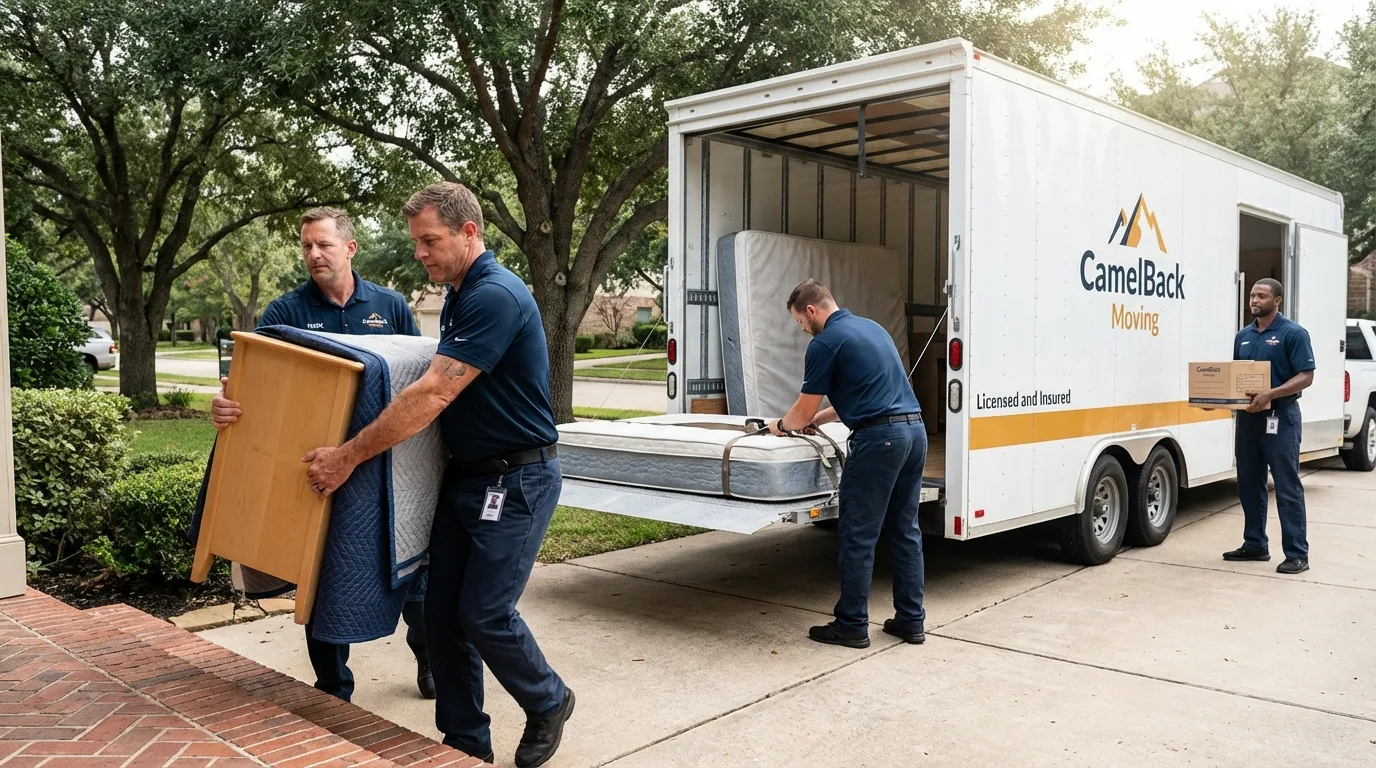Crew loading residential truck for cross-state move from Monticello, GA