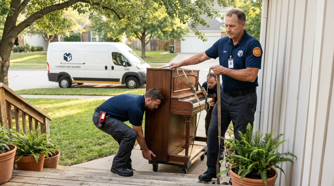 Licensed piano movers securing grand piano in Monticello, GA