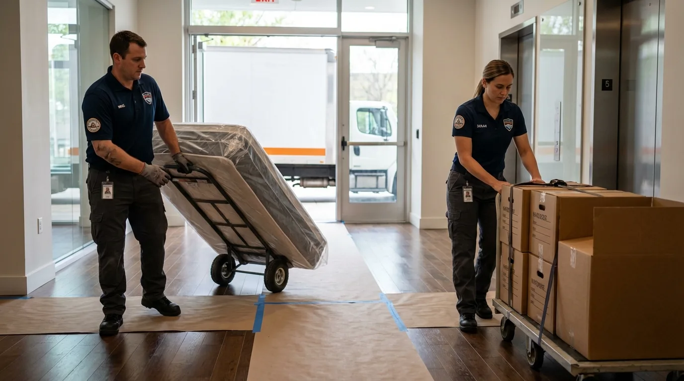 Professional apartment movers loading elevator in Monticello, GA