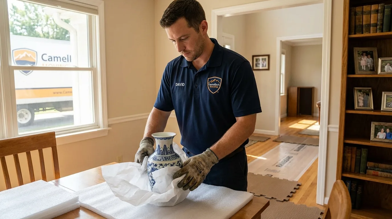 Professional crew carefully wrapping antique vase for senior downsizing move in Monticello, GA